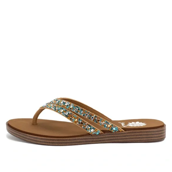 NWOT Yellow Box Dalia Beaded Genuine Leather Rhinestone Flip Flops Summer Sandal - Picture 2 of 7